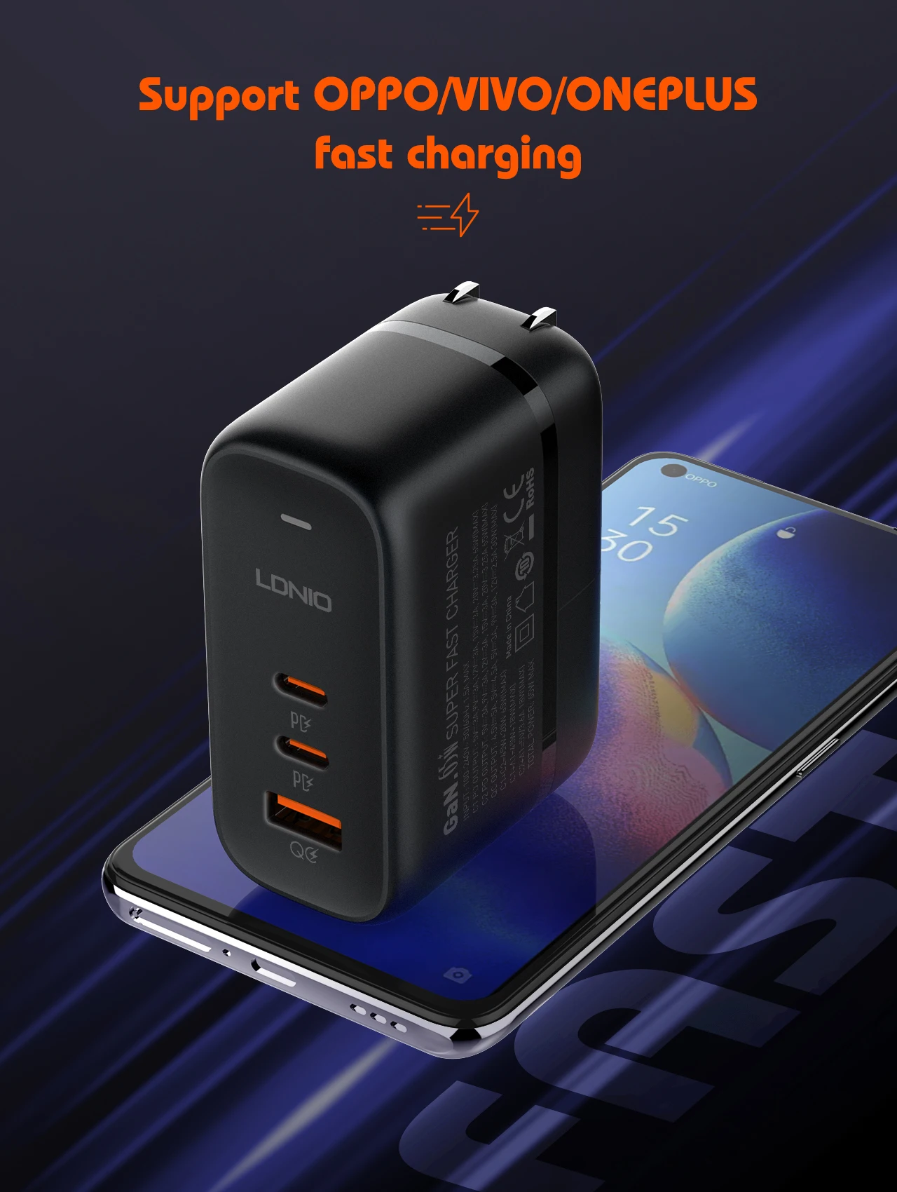 LDNIO 65W USB C Charger Travel Charger GaN Charger 3 Port International Plug Adapter EU UK US AU Travel Plug Adapter Power Cord