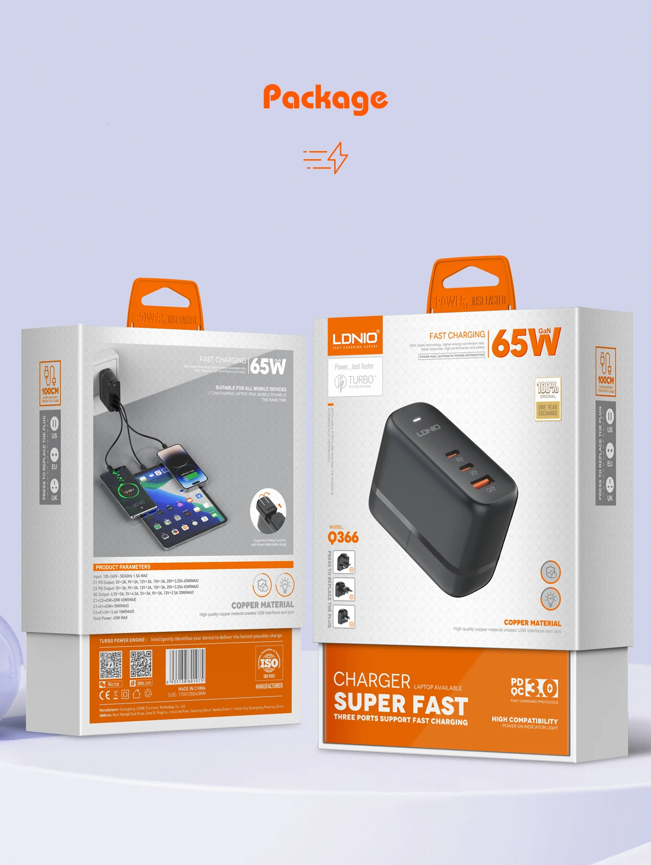 LDNIO 65W USB C Charger Travel Charger GaN Charger 3 Port International Plug Adapter EU UK US AU Travel Plug Adapter Power Cord