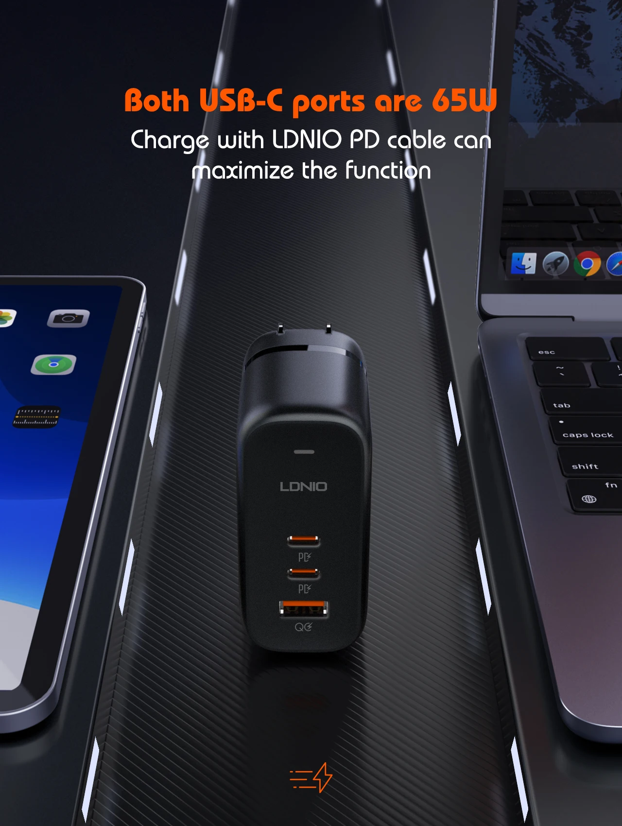 LDNIO 65W USB C Charger Travel Charger GaN Charger 3 Port International Plug Adapter EU UK US AU Travel Plug Adapter Power Cord