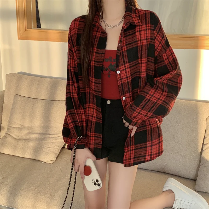 Red Plaid Shirt for Women Teen-girl Button Down Long Sleeve Collared Check Shirt Jacket Casual Fall Winter Christmas Outfit
