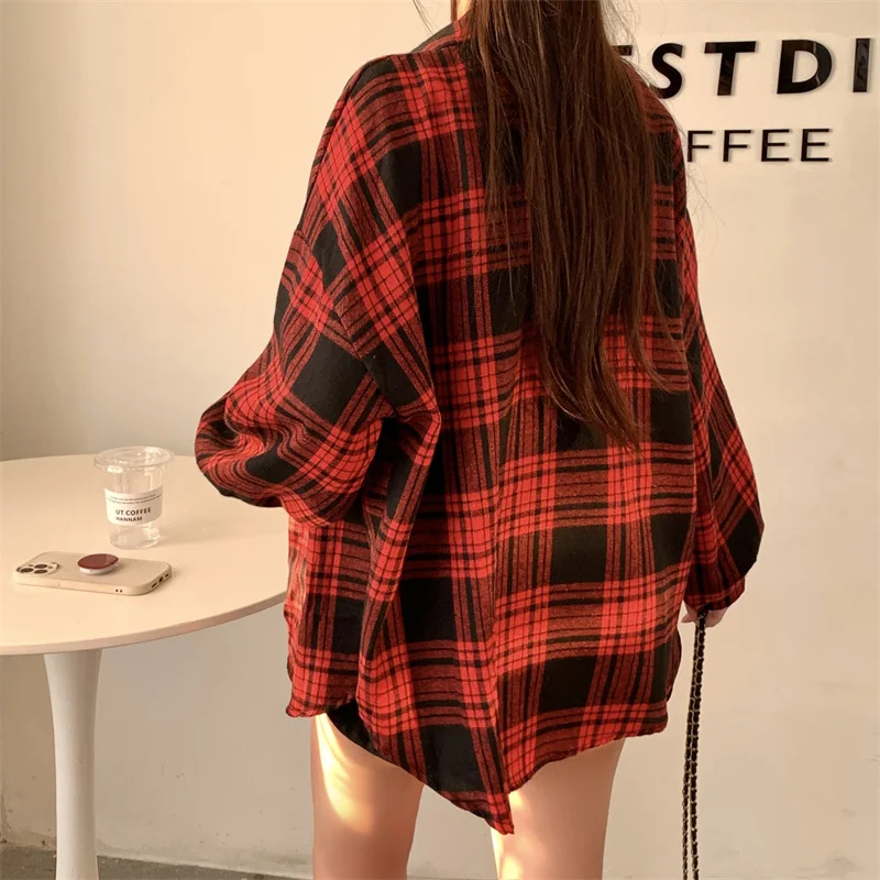 Red Plaid Shirt for Women Teen-girl Button Down Long Sleeve Collared Check Shirt Jacket Casual Fall Winter Christmas Outfit