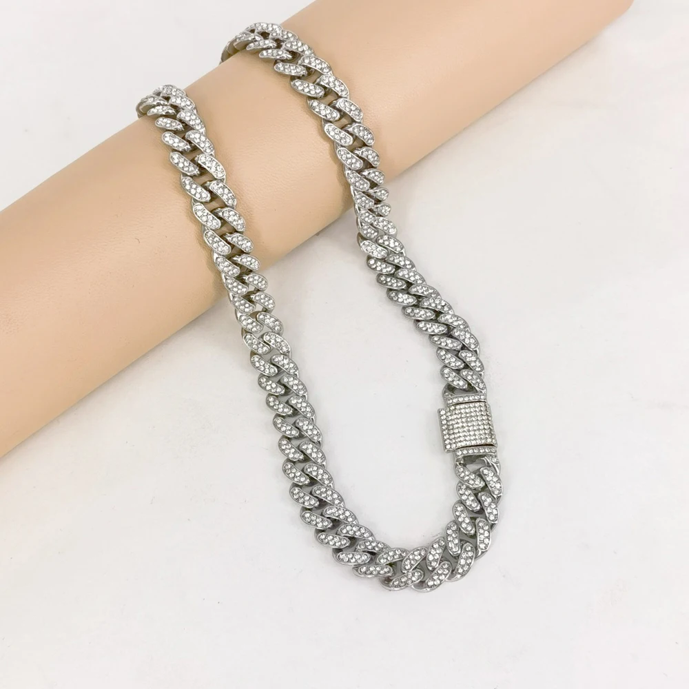 12mm Iced Out Crystal Prong Miami Cuban Chain Necklace for Women Men Bling Paved Rhinestone Choker Necklace Hip Hop Jewelry Gift