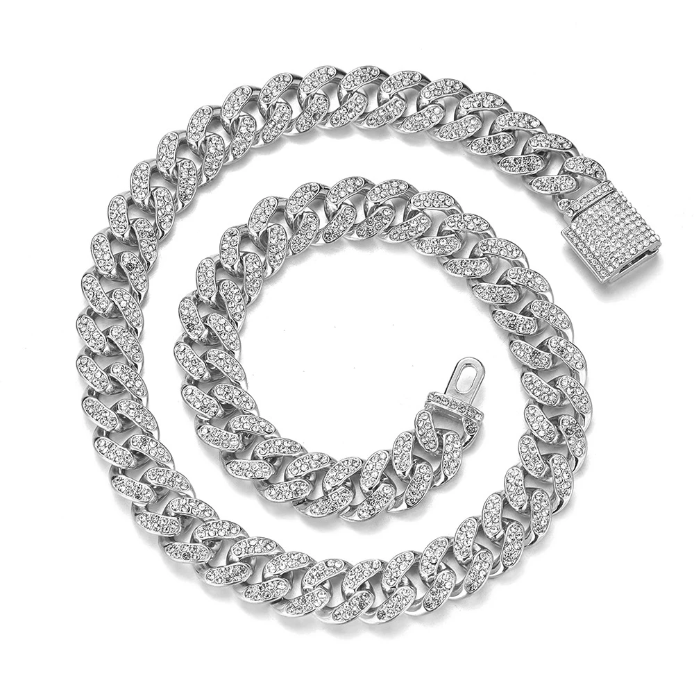 12mm Iced Out Crystal Prong Miami Cuban Chain Necklace for Women Men Bling Paved Rhinestone Choker Necklace Hip Hop Jewelry Gift