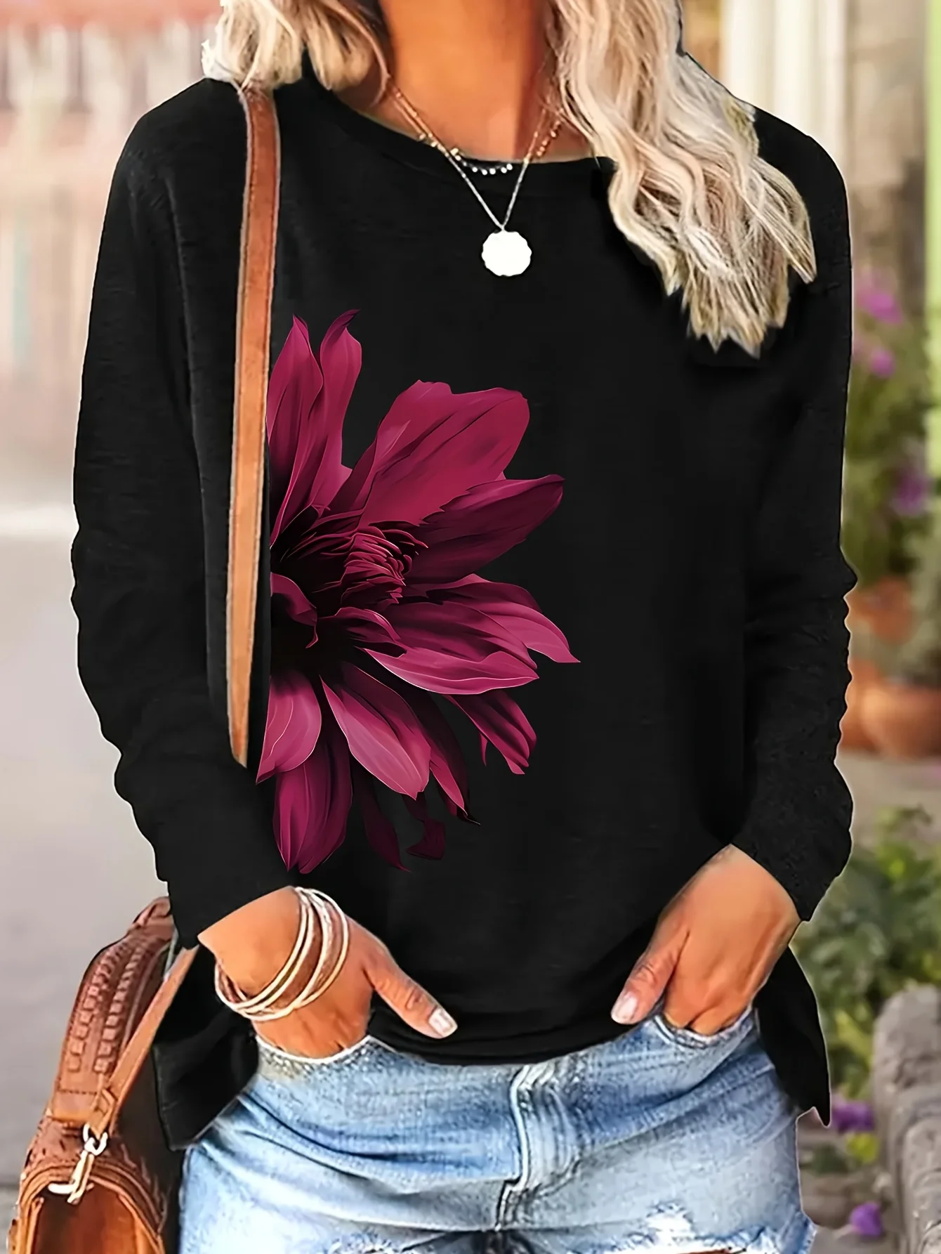 100 Cotton Women's Smile Printed T-Shirt Long Sleeve Round Neck Casual Top Spring and Autumn 100 Cotton