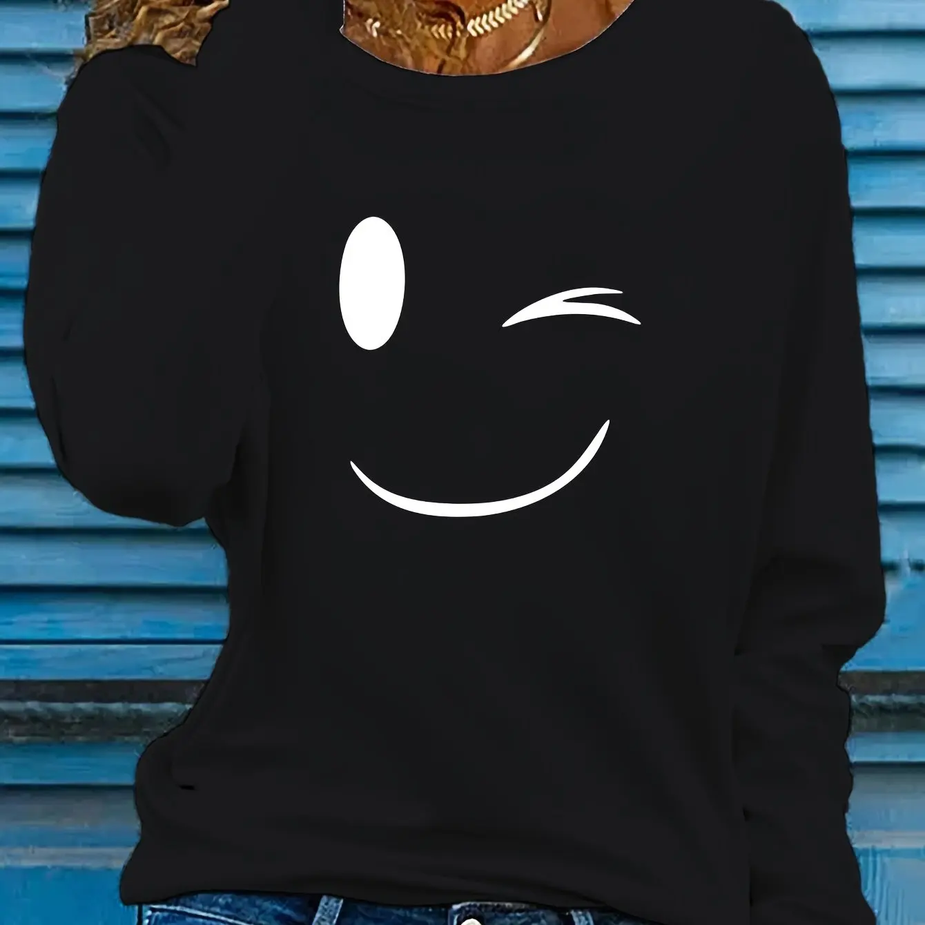 100 Cotton Women's Smile Printed T-Shirt Long Sleeve Round Neck Casual Top Spring and Autumn 100 Cotton