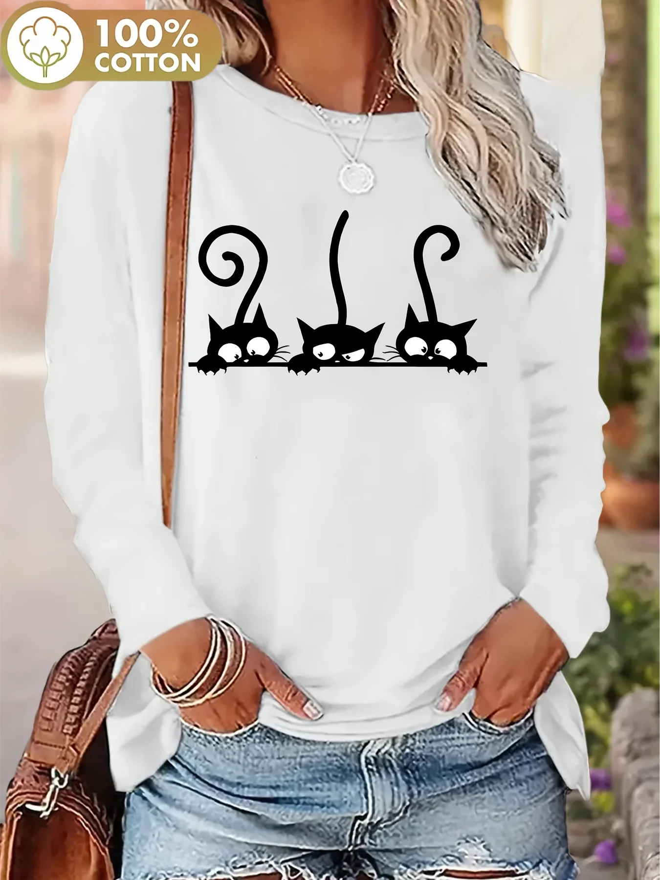 100 Cotton Women's Smile Printed T-Shirt Long Sleeve Round Neck Casual Top Spring and Autumn 100 Cotton