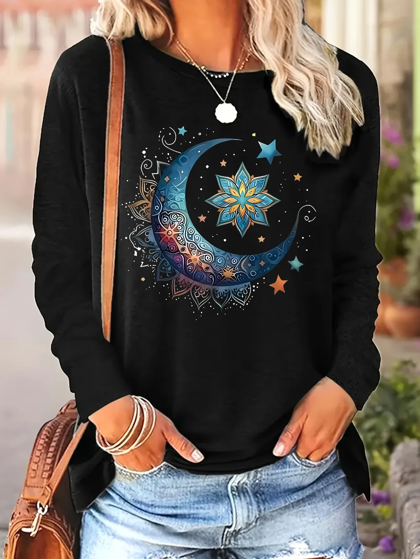 100 Cotton Women's Smile Printed T-Shirt Long Sleeve Round Neck Casual Top Spring and Autumn 100 Cotton