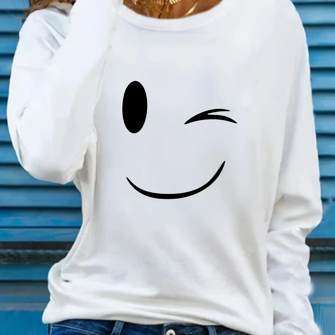 100 Cotton Women's Smile Printed T-Shirt Long Sleeve Round Neck Casual Top Spring and Autumn 100 Cotton