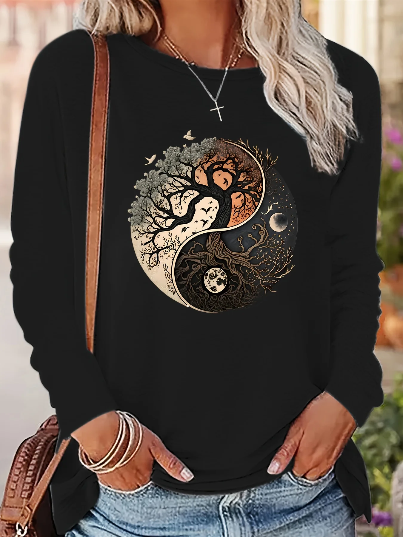 100 Cotton Women's Smile Printed T-Shirt Long Sleeve Round Neck Casual Top Spring and Autumn 100 Cotton