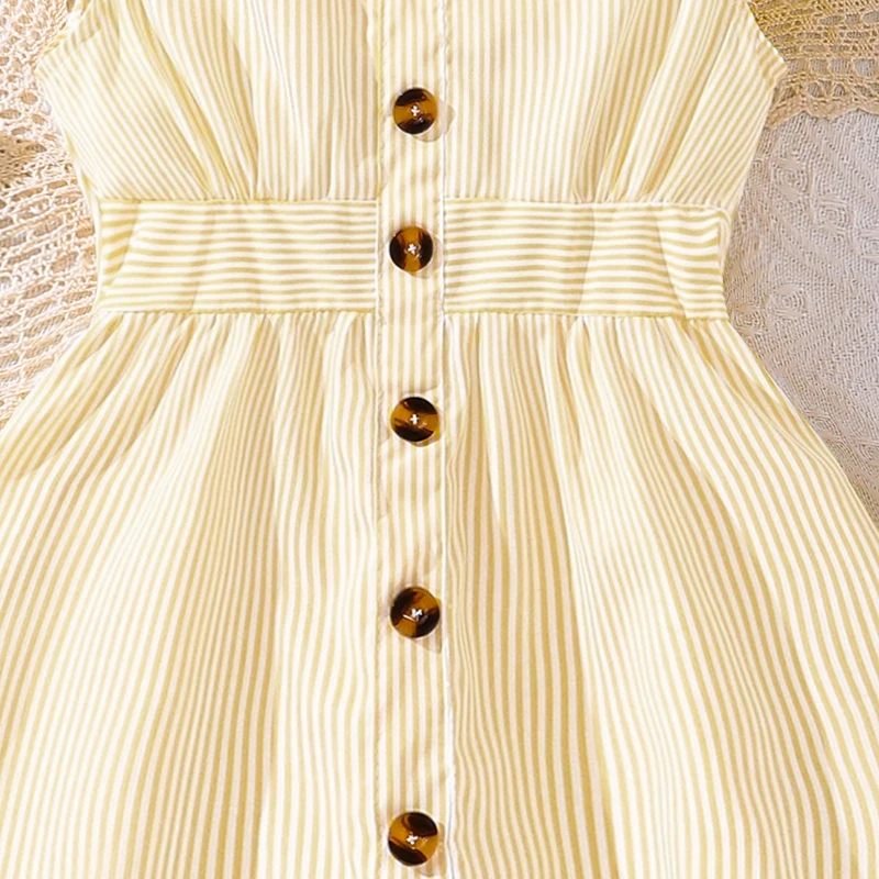 4-7 Years Girl Dress Summer New Stripe Ruffled Sleeveless V-Neck Dress Cute Daily Casual Princess Dresses For Baby Girl Wear
