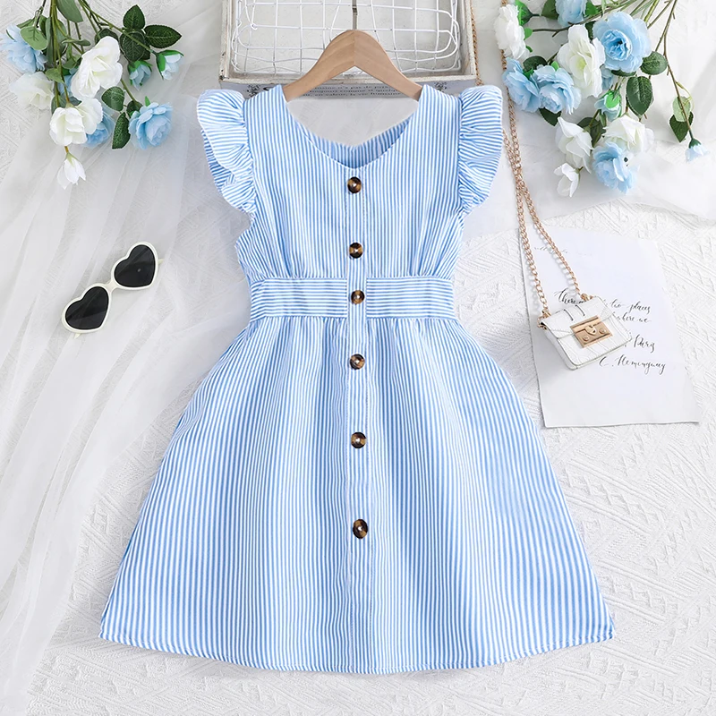 4-7 Years Girl Dress Summer New Stripe Ruffled Sleeveless V-Neck Dress Cute Daily Casual Princess Dresses For Baby Girl Wear