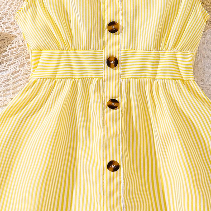 4-7 Years Girl Dress Summer New Stripe Ruffled Sleeveless V-Neck Dress Cute Daily Casual Princess Dresses For Baby Girl Wear