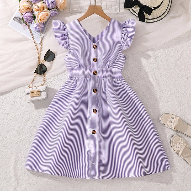 4-7 Years Girl Dress Summer New Stripe Ruffled Sleeveless V-Neck Dress Cute Daily Casual Princess Dresses For Baby Girl Wear