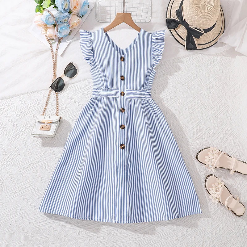 4-7 Years Girl Dress Summer New Stripe Ruffled Sleeveless V-Neck Dress Cute Daily Casual Princess Dresses For Baby Girl Wear