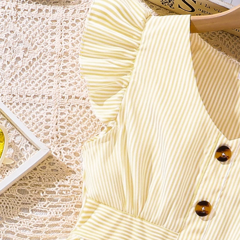 4-7 Years Girl Dress Summer New Stripe Ruffled Sleeveless V-Neck Dress Cute Daily Casual Princess Dresses For Baby Girl Wear