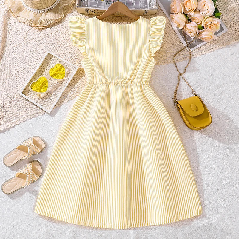 4-7 Years Girl Dress Summer New Stripe Ruffled Sleeveless V-Neck Dress Cute Daily Casual Princess Dresses For Baby Girl Wear