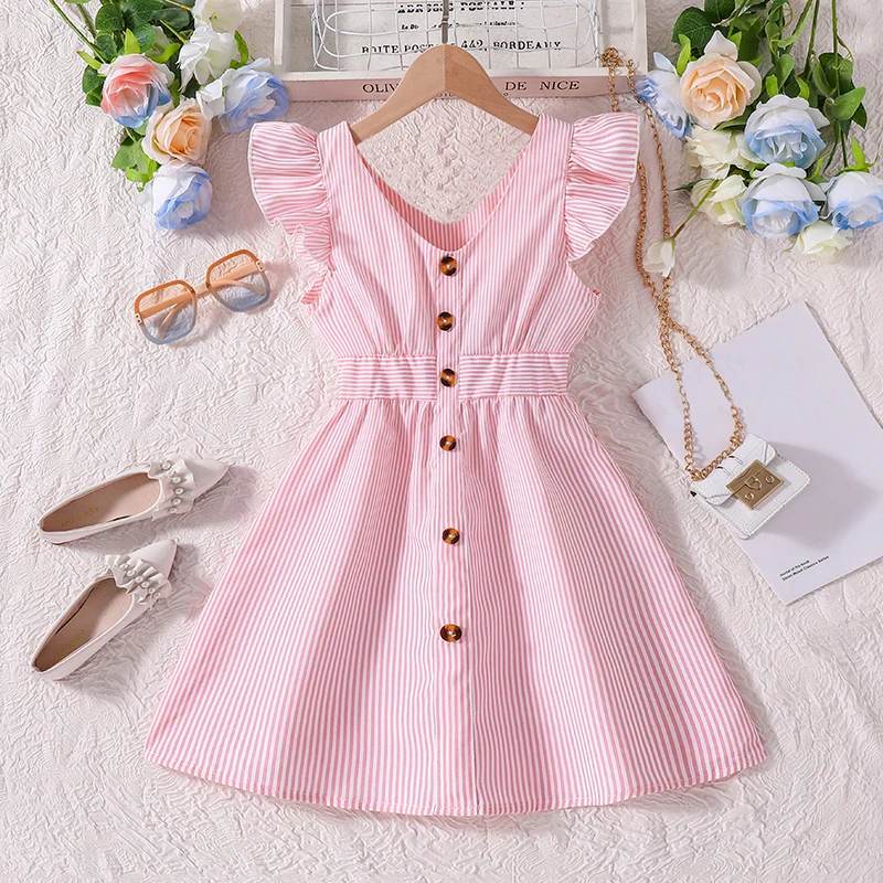 4-7 Years Girl Dress Summer New Stripe Ruffled Sleeveless V-Neck Dress Cute Daily Casual Princess Dresses For Baby Girl Wear