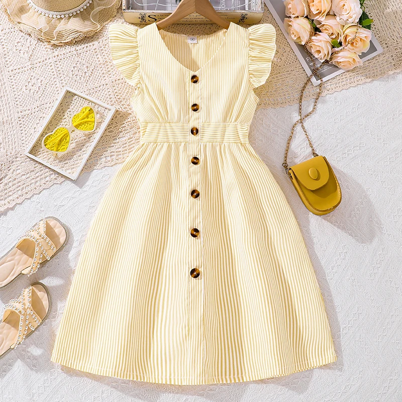 4-7 Years Girl Dress Summer New Stripe Ruffled Sleeveless V-Neck Dress Cute Daily Casual Princess Dresses For Baby Girl Wear