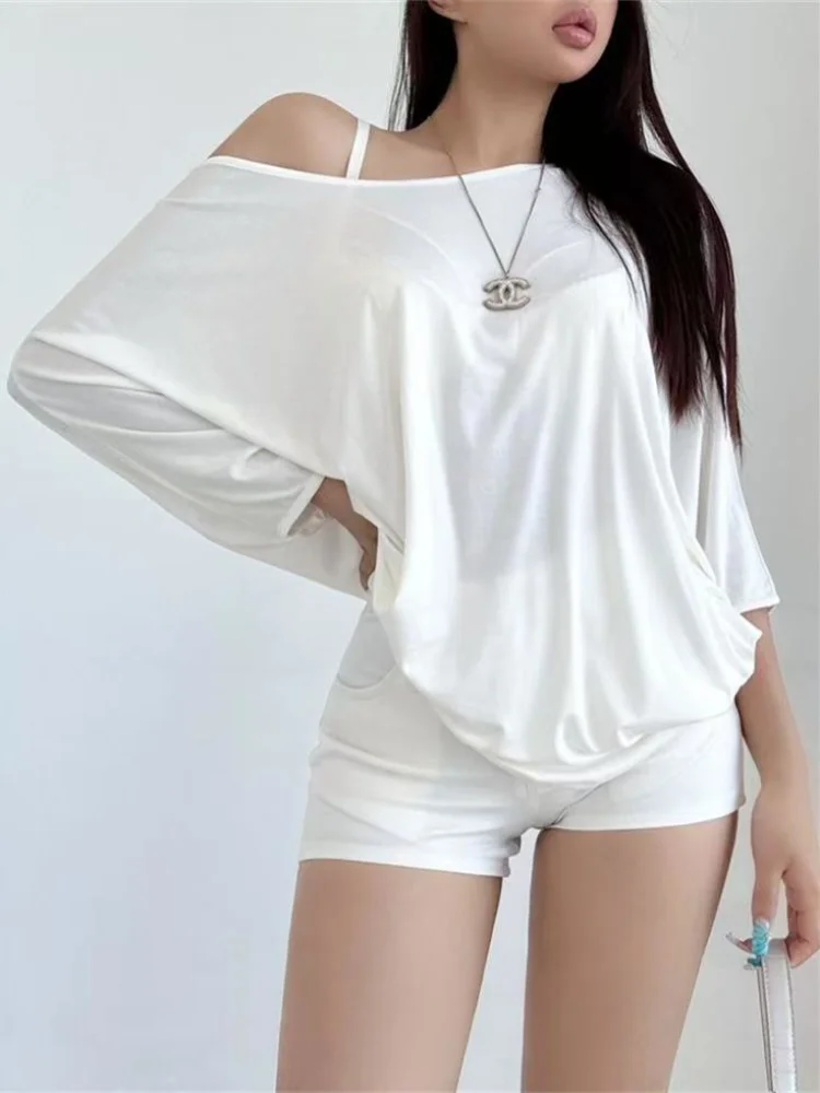 Solid Oversized T-shirt for Women's Casual Loose Tops Fashion Bat Sleeves Simple Sexy Off Shoulder Korean Baggy T Shirts Autumn