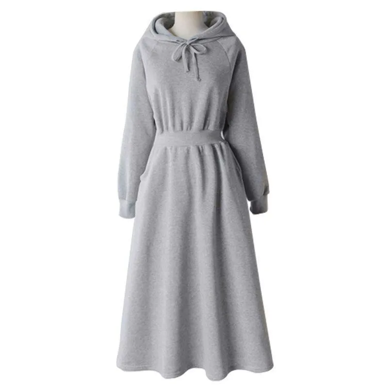 Autumn Winter Casual Women Hooded Cotton Long Dress Long Sleeved Pullover Solid Hoodie Shirring A-Line Floor-Length Rib Dresses