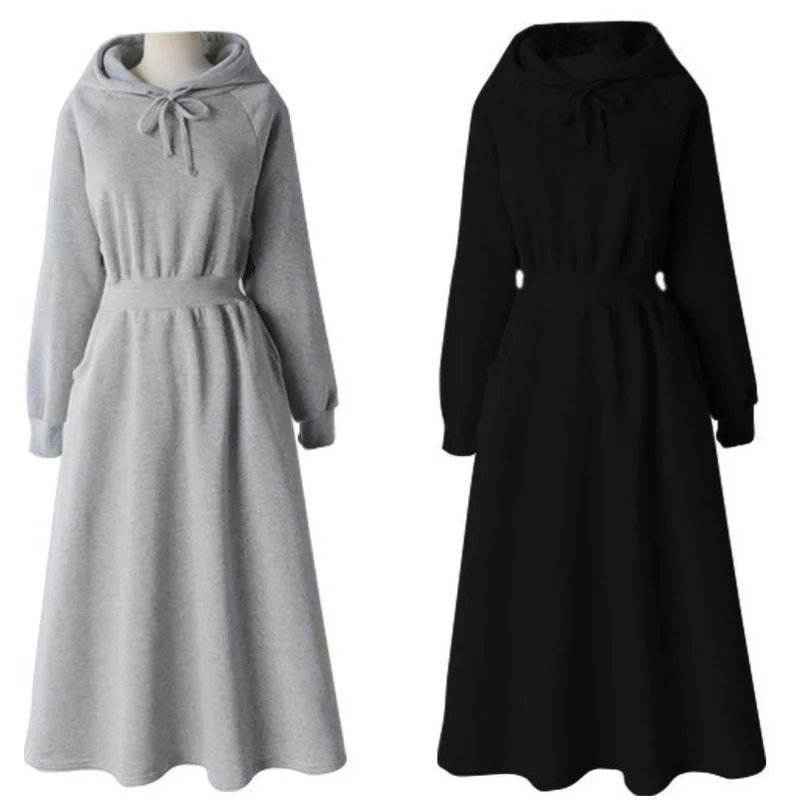 Autumn Winter Casual Women Hooded Cotton Long Dress Long Sleeved Pullover Solid Hoodie Shirring A-Line Floor-Length Rib Dresses