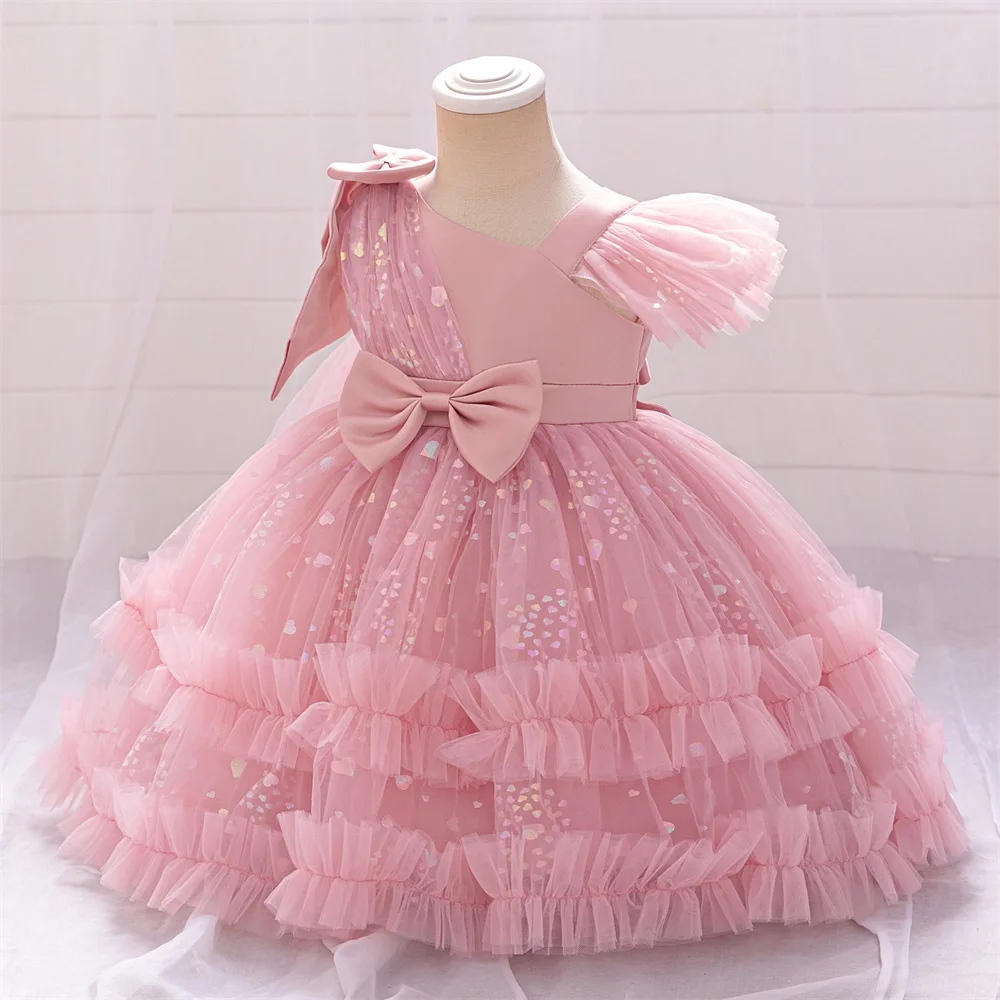 Baby Girls Sequin Bow Birthday Baptism Dress Party Dresses For Toddler Kids Pink Lace Evening Gown Children Fashion Summer Wear