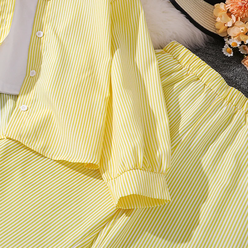 Children's Spring Autumn 4-12 Years Old Girls Yellow Striped Long Sleeve Top Yellow Striped Pants Suit Classic Simple Refreshing
