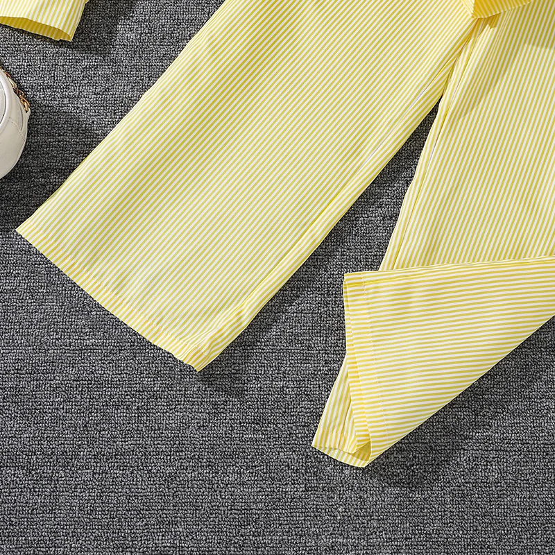 Children's Spring Autumn 4-12 Years Old Girls Yellow Striped Long Sleeve Top Yellow Striped Pants Suit Classic Simple Refreshing