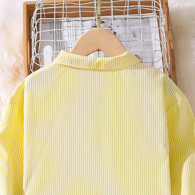 Children's Spring Autumn 4-12 Years Old Girls Yellow Striped Long Sleeve Top Yellow Striped Pants Suit Classic Simple Refreshing