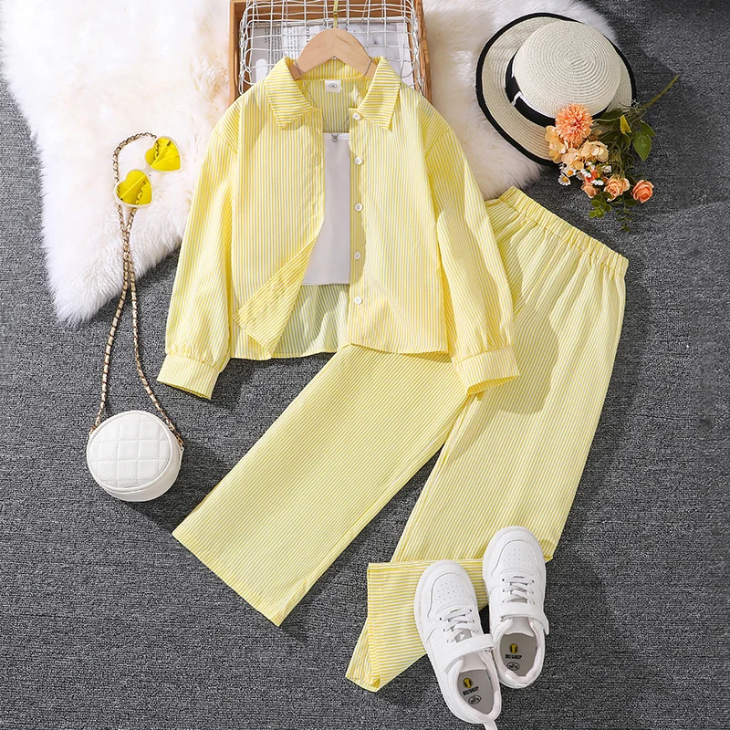 Children's Spring Autumn 4-12 Years Old Girls Yellow Striped Long Sleeve Top Yellow Striped Pants Suit Classic Simple Refreshing