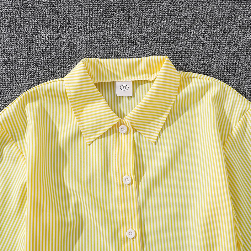 Children's Spring Autumn 4-12 Years Old Girls Yellow Striped Long Sleeve Top Yellow Striped Pants Suit Classic Simple Refreshing