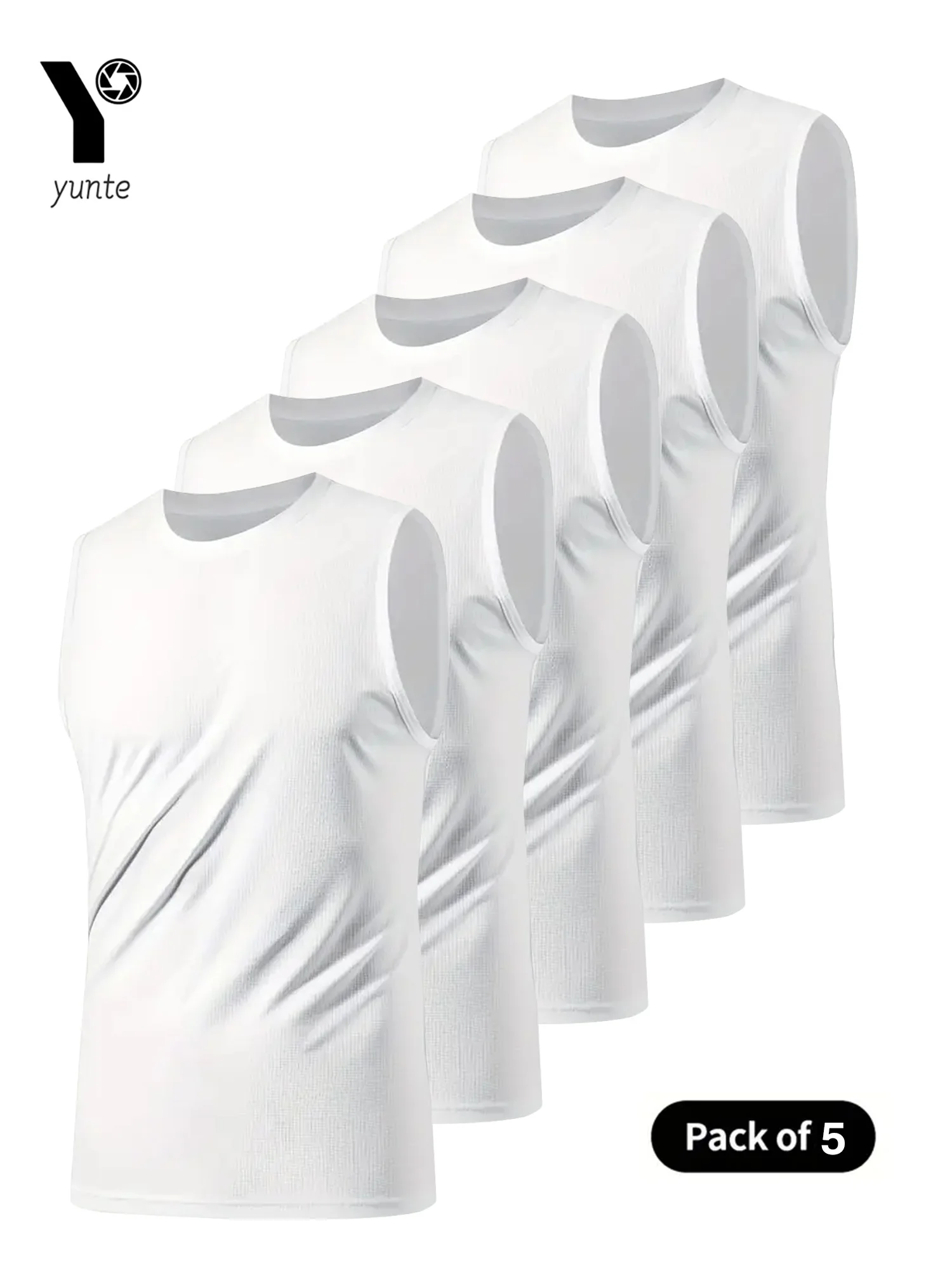 Men's Sports Vest White 5-Piece Breathable Round Neck Slightly Elastic Fabric Pure Color Suitable for Spring, Summer and Autumn R