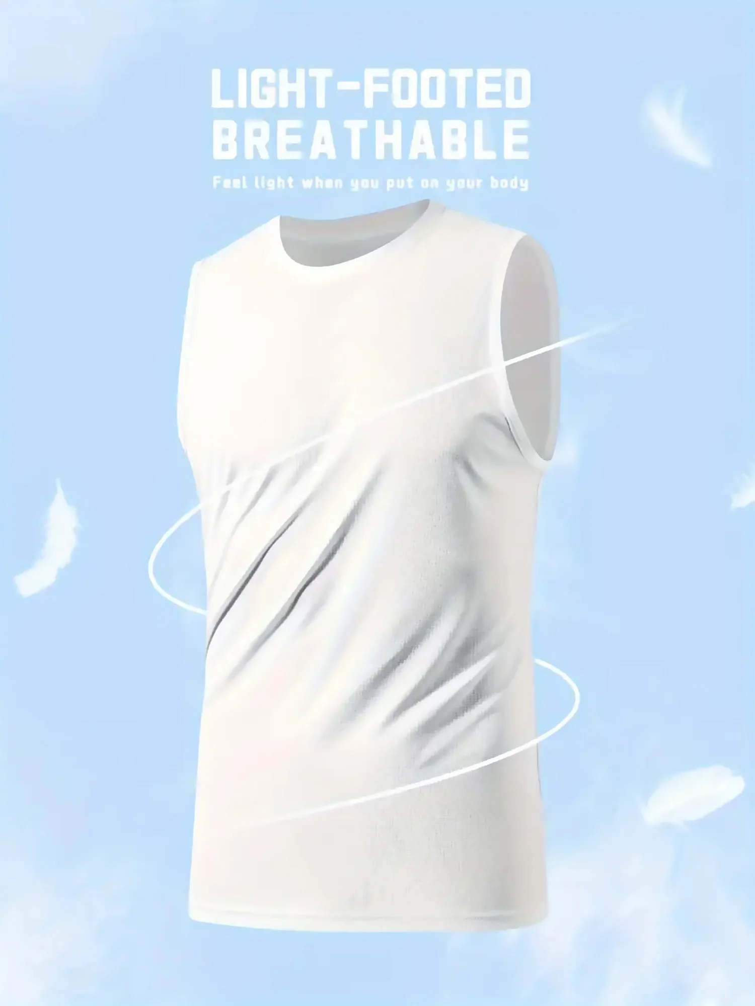 Men's Sports Vest White 5-Piece Breathable Round Neck Slightly Elastic Fabric Pure Color Suitable for Spring, Summer and Autumn R