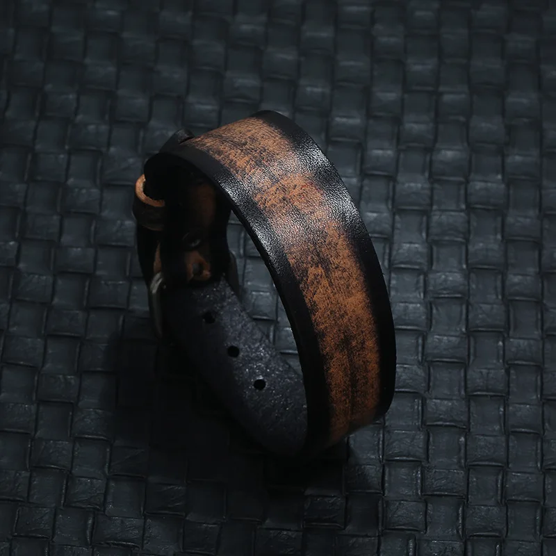 New Retro Black Brown Genuine Leather Belt Buckle Wide Wrap Bracelets Men Women Bangle Outdoor Jewelry