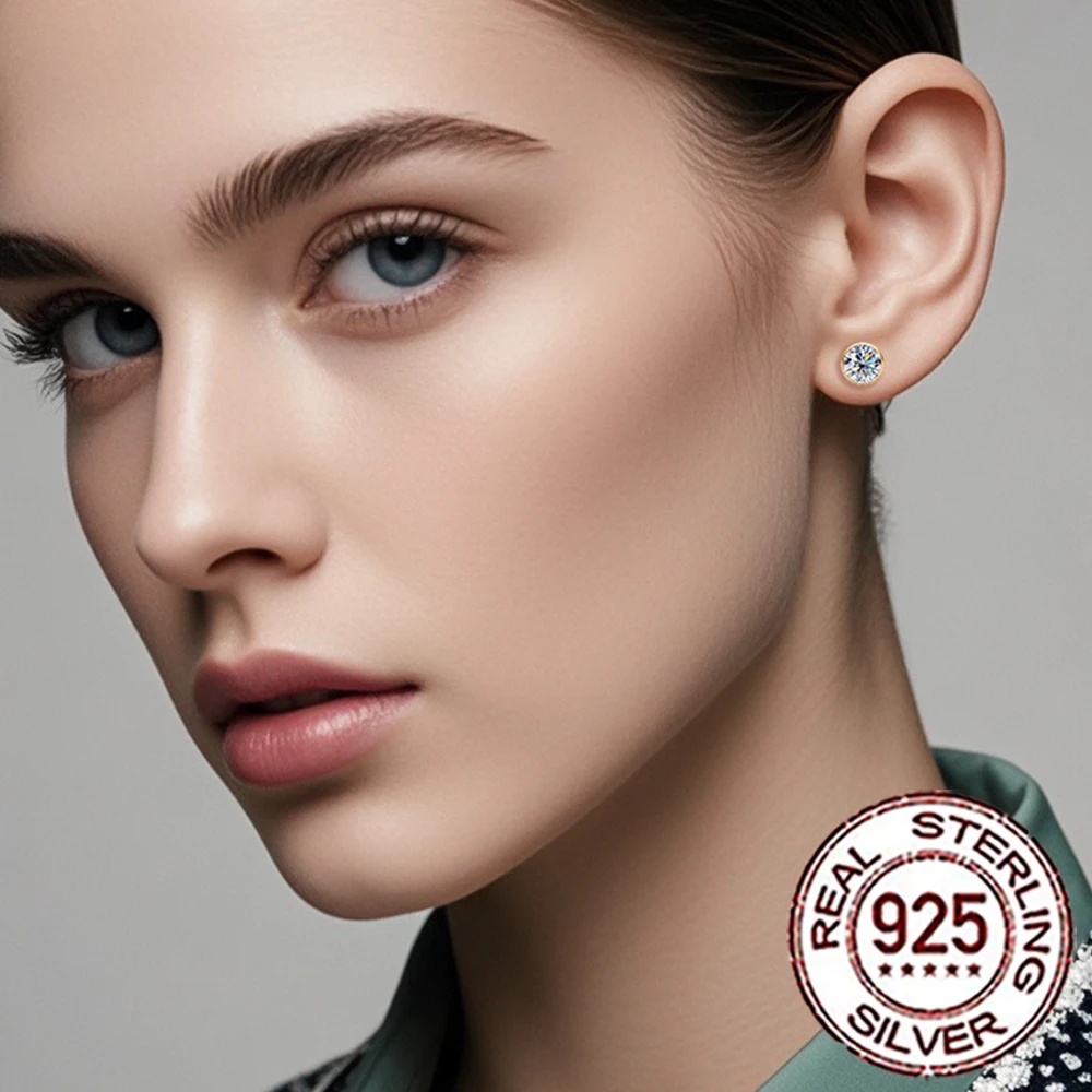 CWWZircons S925 Sterling Silver Simple Cubic Zircon Gold Color Round Daily Stud Earrings for Women Party Jewellery Gifts SE083