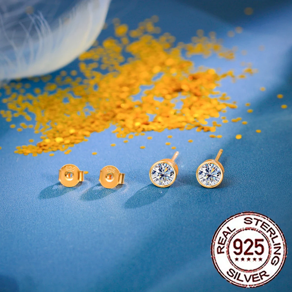 CWWZircons S925 Sterling Silver Simple Cubic Zircon Gold Color Round Daily Stud Earrings for Women Party Jewellery Gifts SE083
