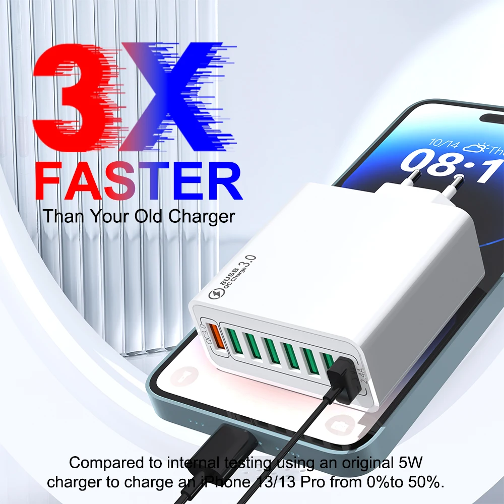 Total 65W 8 In 1 USB Charger Fast Charge Phone Charger Wall Adapter For iPhone Samsung Xiaomi Multi Port EU/US Plug Wall Charger