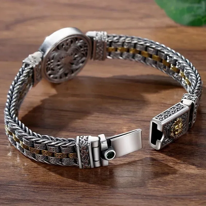 New Silver Color Round Lion King Tangcao Charm Bracelet Men's Trendy Retro Domineering Versatile Personalized Braided Jewelry