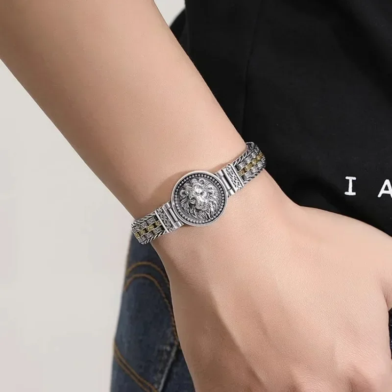 New Silver Color Round Lion King Tangcao Charm Bracelet Men's Trendy Retro Domineering Versatile Personalized Braided Jewelry
