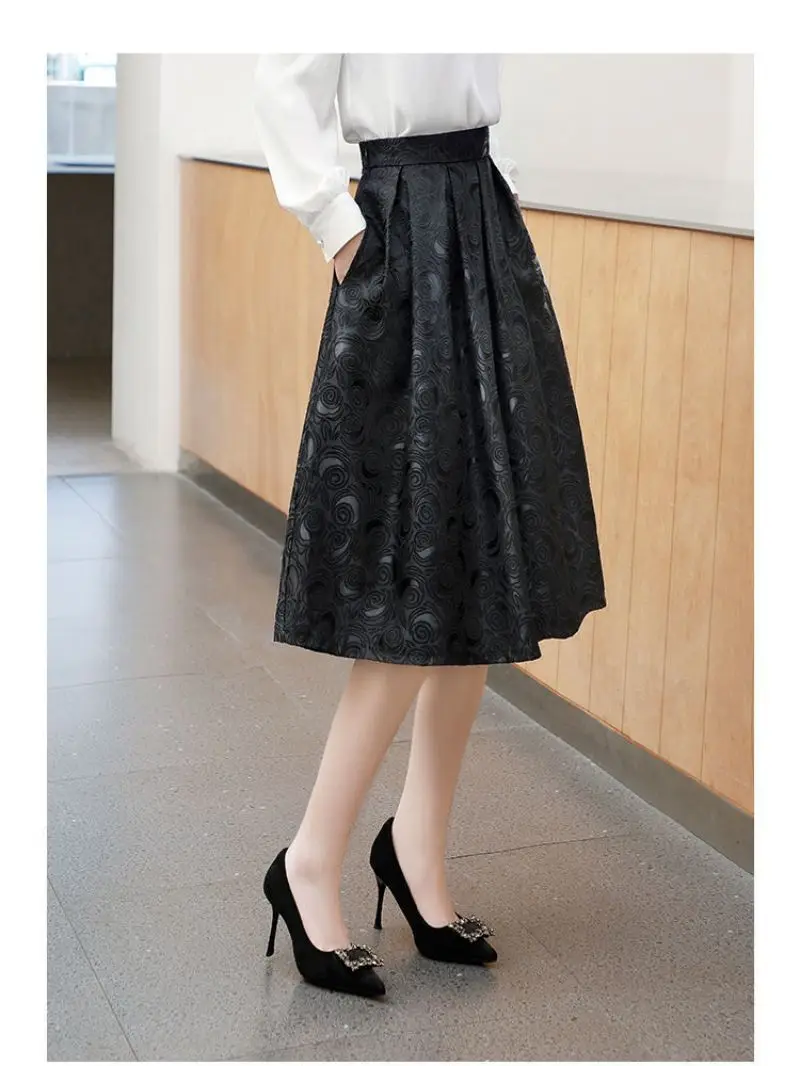 Black Floral Vintage Elegant High Waist Ball Gown A-Line Loose Women's Skirt Knee-Length Long Skirts For Women Clothing Fashion