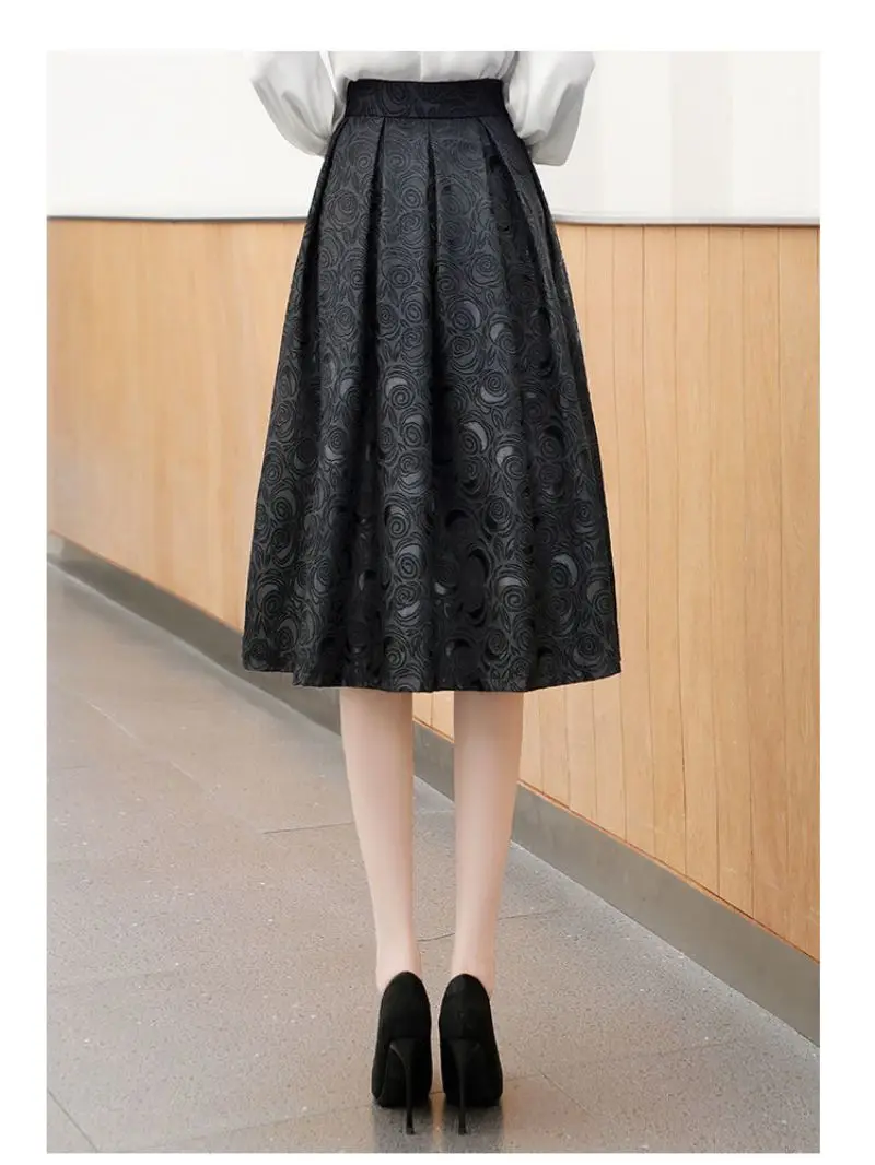 Black Floral Vintage Elegant High Waist Ball Gown A-Line Loose Women's Skirt Knee-Length Long Skirts For Women Clothing Fashion