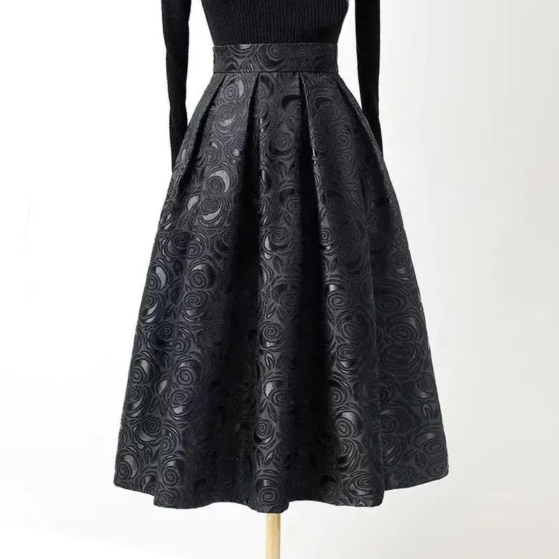 Black Floral Vintage Elegant High Waist Ball Gown A-Line Loose Women's Skirt Knee-Length Long Skirts For Women Clothing Fashion