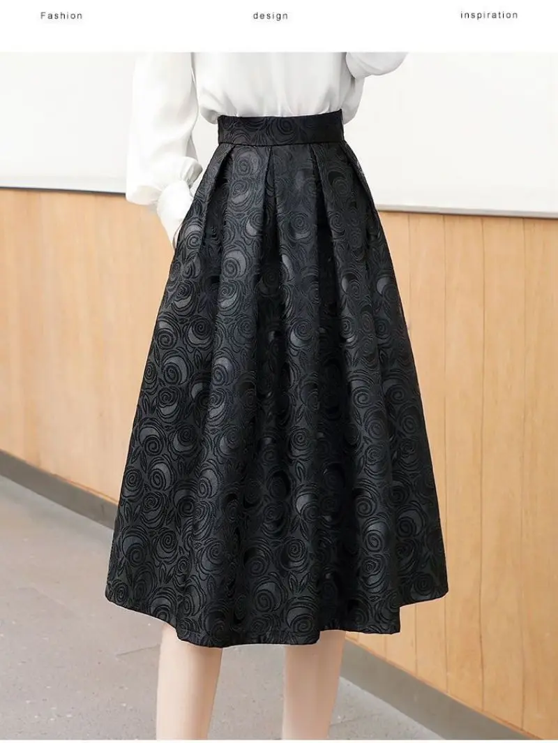 Black Floral Vintage Elegant High Waist Ball Gown A-Line Loose Women's Skirt Knee-Length Long Skirts For Women Clothing Fashion