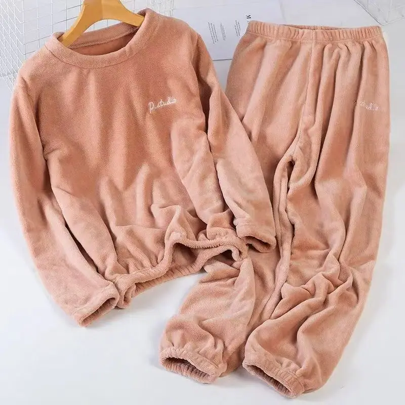 Leisure 2024 Autumn/Winter Women's Warm Velvet Pajamas Loose Round Neck Elastic Top Warm Wool Elastic Waist Tight Leg Pants Set