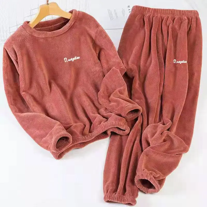 Leisure 2024 Autumn/Winter Women's Warm Velvet Pajamas Loose Round Neck Elastic Top Warm Wool Elastic Waist Tight Leg Pants Set