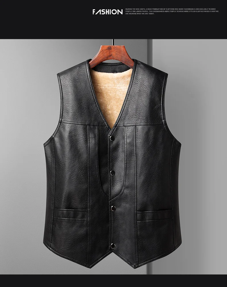 2024 Winter Men Thick Warm Fleece Leather Vest Coat Male V-Neck Single Breasted Vest Casual Male Clothing Outerwear