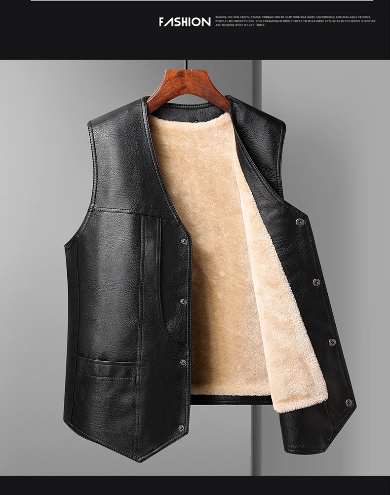 2024 Winter Men Thick Warm Fleece Leather Vest Coat Male V-Neck Single Breasted Vest Casual Male Clothing Outerwear