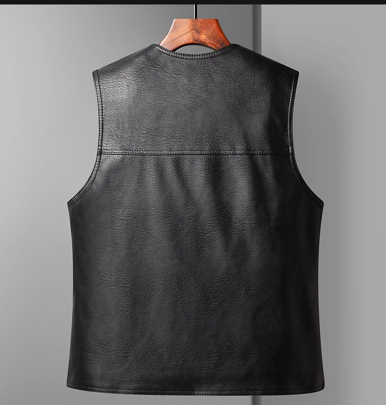 2024 Winter Men Thick Warm Fleece Leather Vest Coat Male V-Neck Single Breasted Vest Casual Male Clothing Outerwear