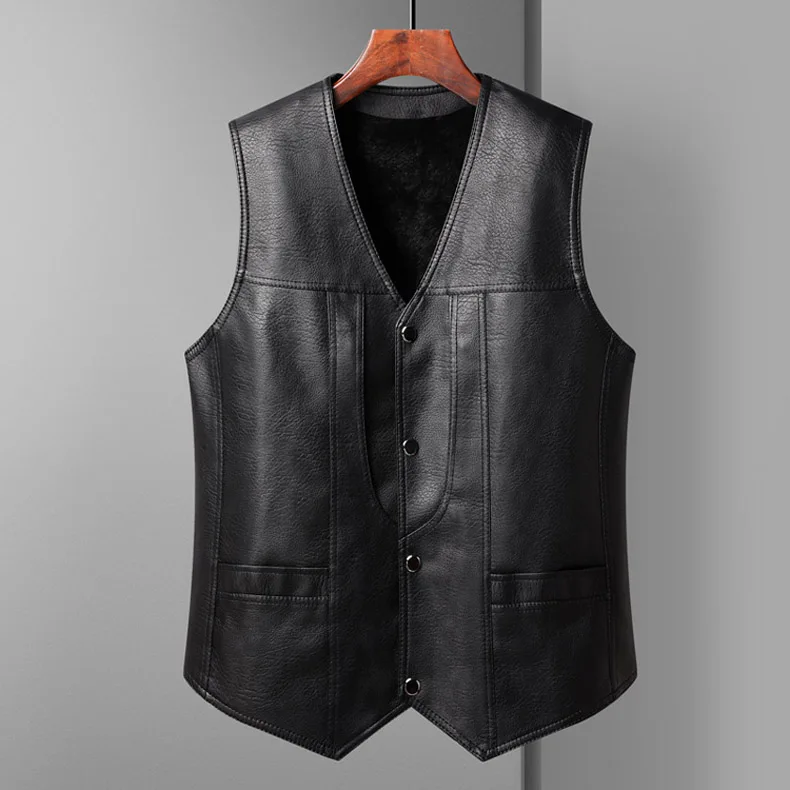 2024 Winter Men Thick Warm Fleece Leather Vest Coat Male V-Neck Single Breasted Vest Casual Male Clothing Outerwear