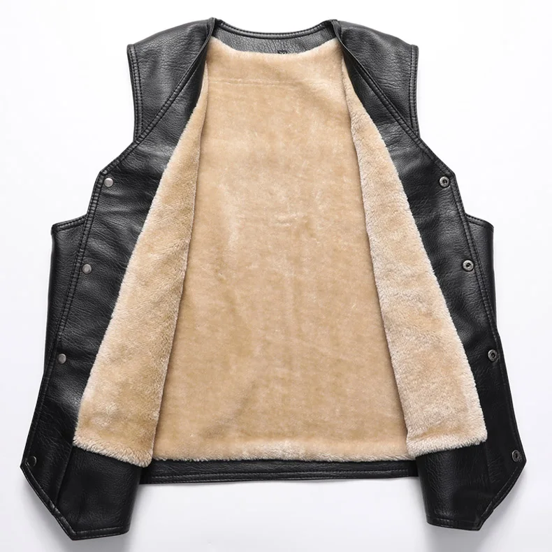 2024 Winter Men Thick Warm Fleece Leather Vest Coat Male V-Neck Single Breasted Vest Casual Male Clothing Outerwear